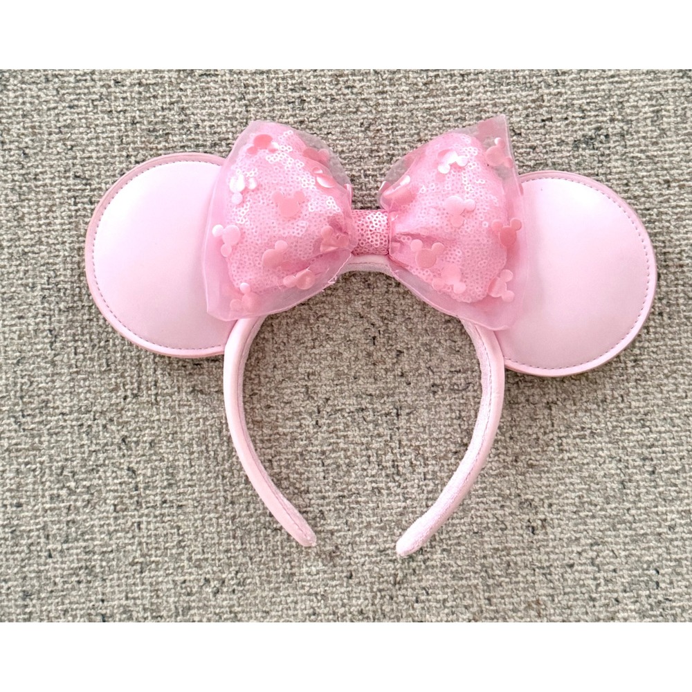 Disney Parks Minnie Mouse Pink Faux Leather Sequin Tulle Bow Ear Headband